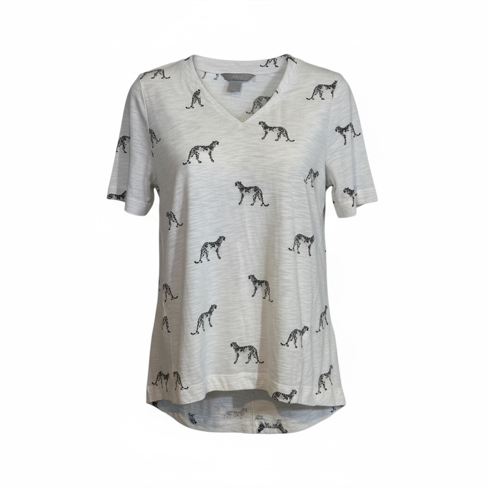 Chico's Size 1 M White‎ Cheetah Print V Neck Short Sleeve T Shirt Top